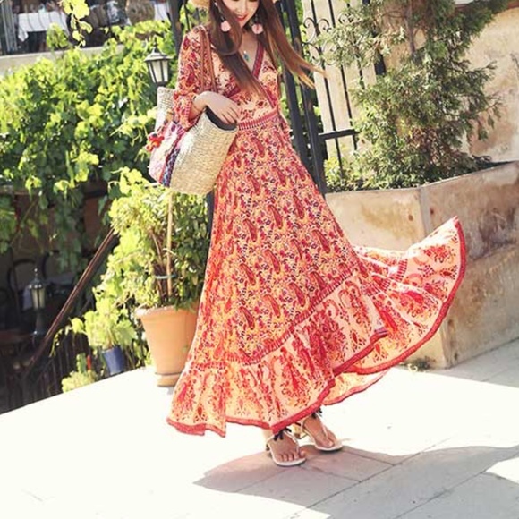 red boho floral print 3/4 sleeve wrap maxi dress - Picture 2 of 8